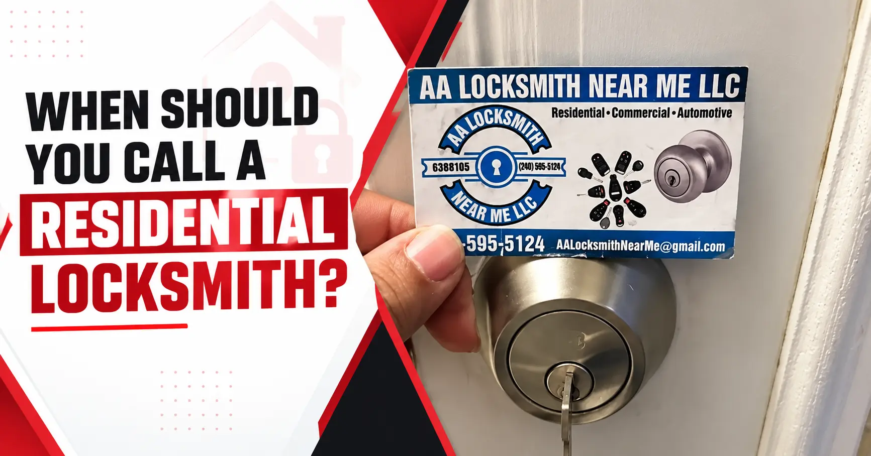 Graphic featuring an AA Locksmith Near Me business card beside a residential door lock.
